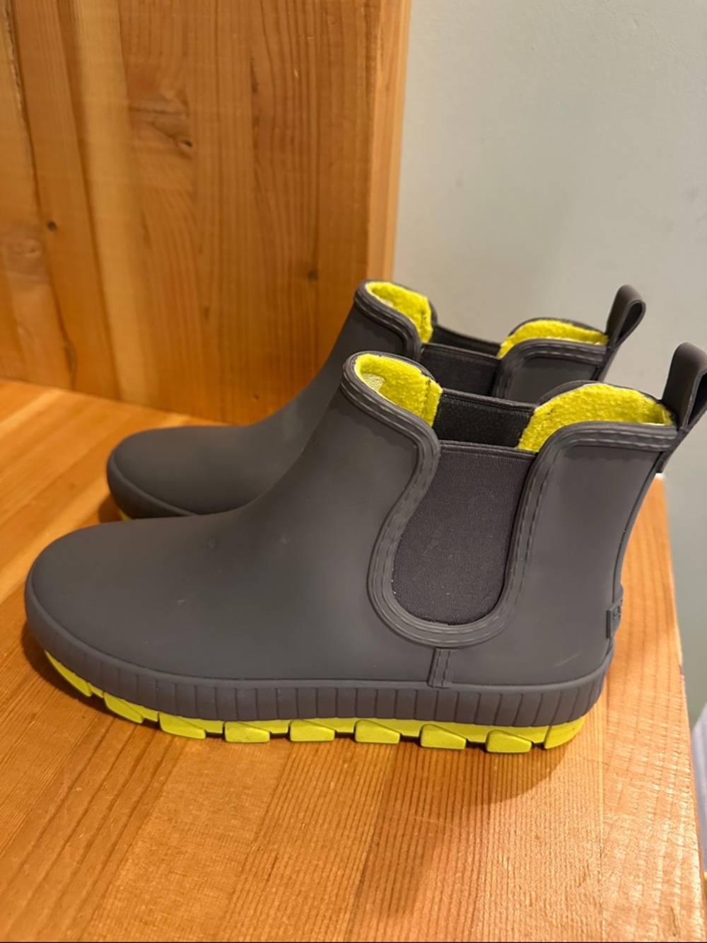 Sperry Gray Chelsea Rain Boots with Yellow Accents